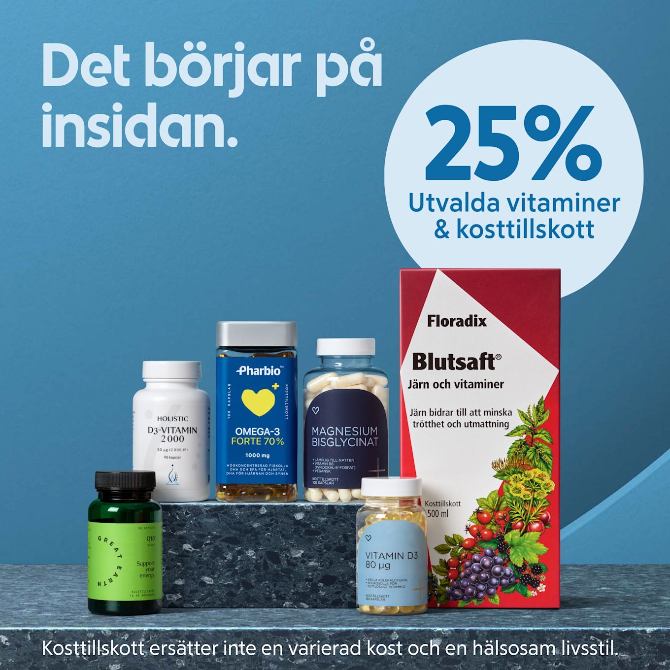Fem olika kosttillskott och vitaminer står på en marmorbänk med texten "Det börjar på insidan" och en cirkel som visar "25% utvalda vitaminer & kosttillskott".