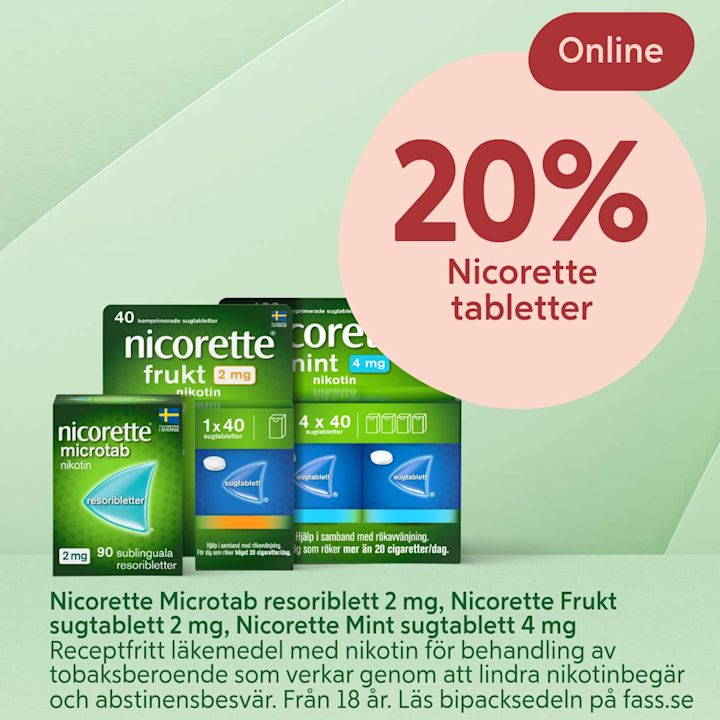 Flera paket Nicorette sugtabletter och resoribletter i gröna förpackningar framför ljusgrön bakgrund, stor rund rosa rabattetikett med texten "20% Nicorette tabletter" och en röd oval med "Online".