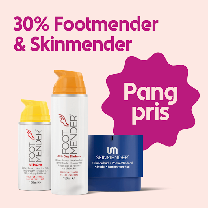 Tre hudvårdsprodukter från Footmender och Skinmender står placerade framför en ljusrosa bakgrund med texten "30% Footmender & Skinmender" och en magentafärgad stjärnform med texten "Pangpris".