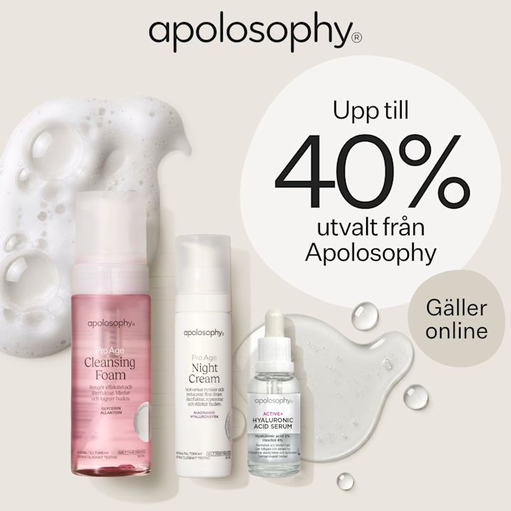 Tre Apolosophy-produkter i förgrunden — rosa Pro Age Cleansing Foam, vit Pro Age Night Cream och genomskinligt Hyaluronic Acid Serum med pipett — placerade på ljus bakgrund med skum och serumdroppar, texten "Upp till 40% utvalt från Apolosophy" och en cirkel med "Gäller online".