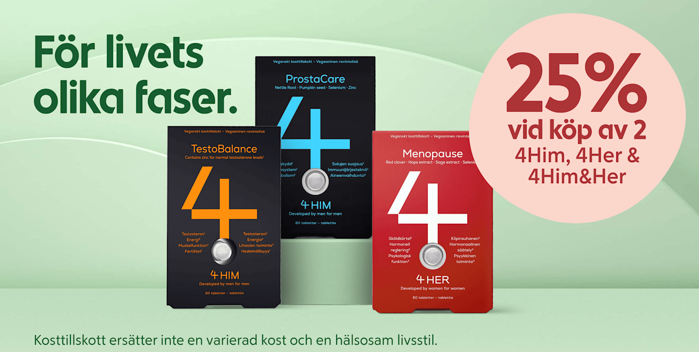 Tre förpackningar av kosttillskott (TestoBalance svart-orange, ProstaCare svart-blå, Menopause röd) stående framför en ljusgrön bakgrund med texten "För livets olika faser" till vänster och en rosa cirkel med "25% vid köp av 2" till höger.