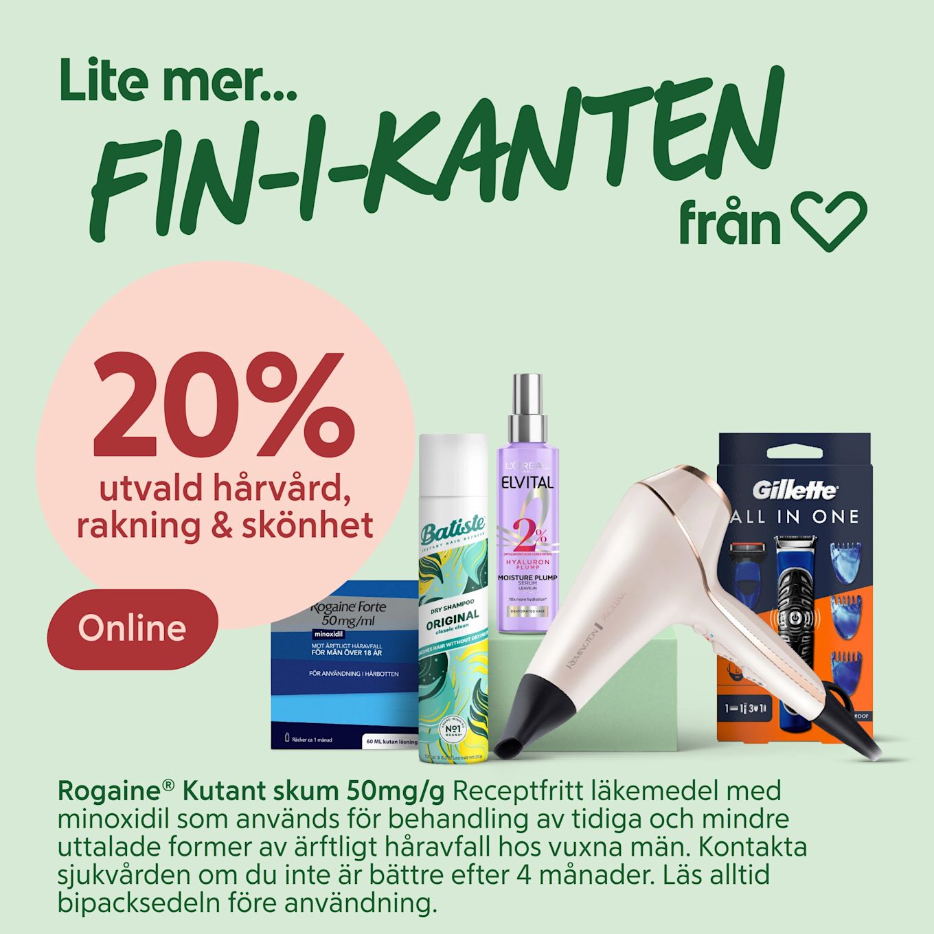 Texten "Lite mer... FIN-I-KANTEN från Hjärtat", en stor rosa cirkel med "20% utvald hårvård, rakning & skönhet", och flera produkter i förgrunden inklusive torrschampo, hyaluronserum, Rogaine-förpackning, Gillette-rakhyvelpaket och en vit hårfön.