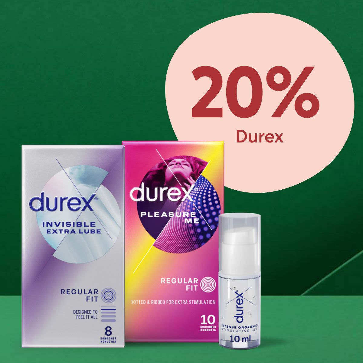 Två paket Durex-kondomer i olika färger och en liten flaska Durex stimulerande gel framför en grön bakgrund med texten "20% Durex".