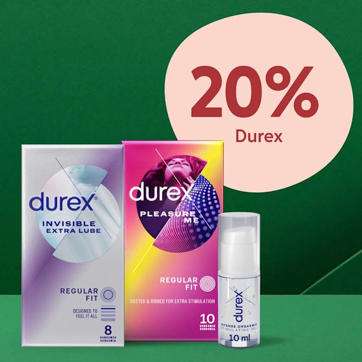 Två paket Durex-kondomer i olika färger och en liten flaska Durex stimulerande gel framför en grön bakgrund med texten "20% Durex".