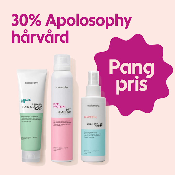 Tre vita Apolosophy-hårvårdsflaskor (Repair Hair & Scalp Mask, Dry Shampoo, Salt Water Spray) stående mot ljusrosa bakgrund med text "30% Apolosophy hårvård" och en magentafärgad prissplash med texten "Pang pris".