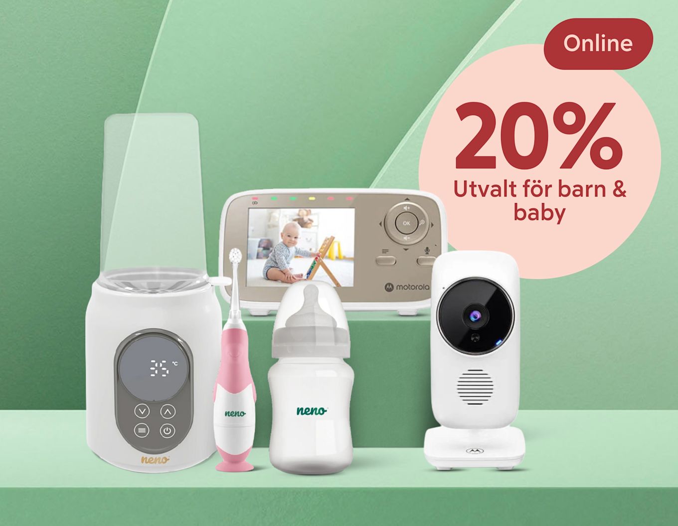 Barnprodukter på grön bakgrund: nappflaska, rosa elektrisk tandborste, flaskvärmare med digital display, babymonitor med skärm som visar bebis och vit övervakningskamera, cirkeltext "20% Utvalt för barn & baby".
