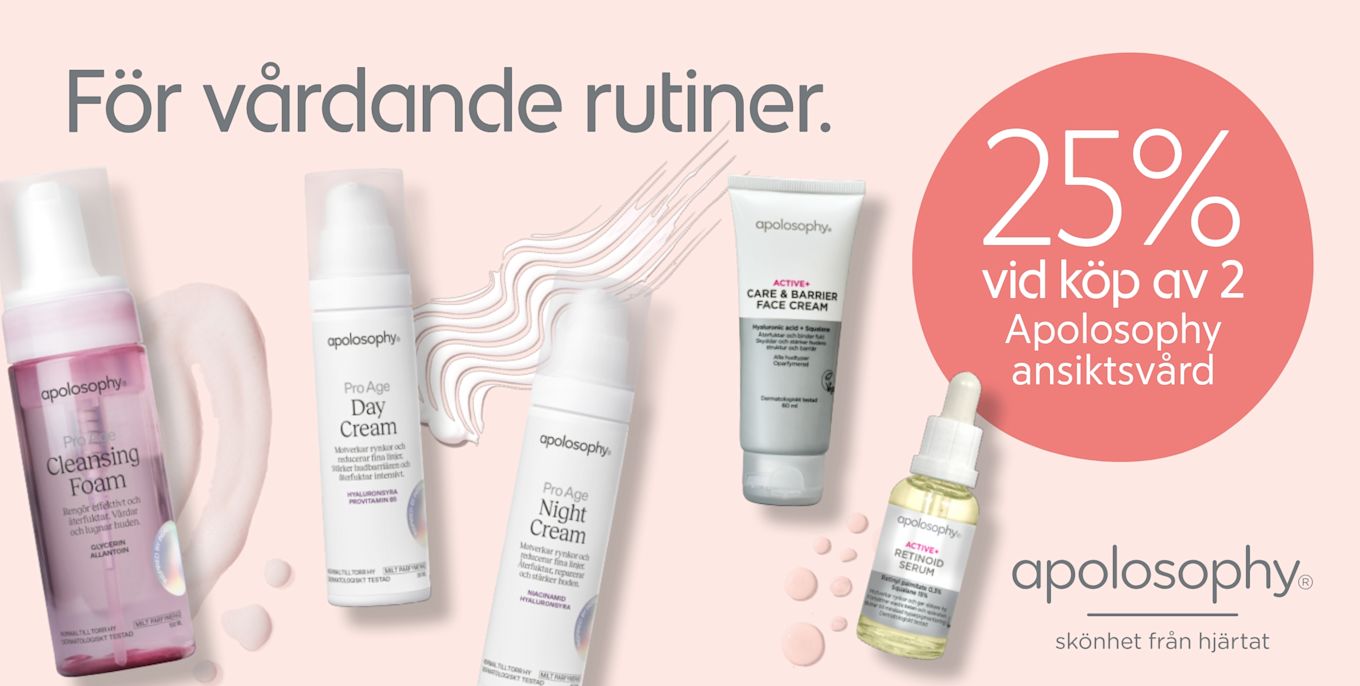 Flera Apolosophy-ansiktsvårdsprodukter (rensande skum, dagkräm, nattkräm, barriärkräm och retinoidserum) uppradade mot ljusrosa bakgrund med text "25% vid köp av 2" i röd cirkel.