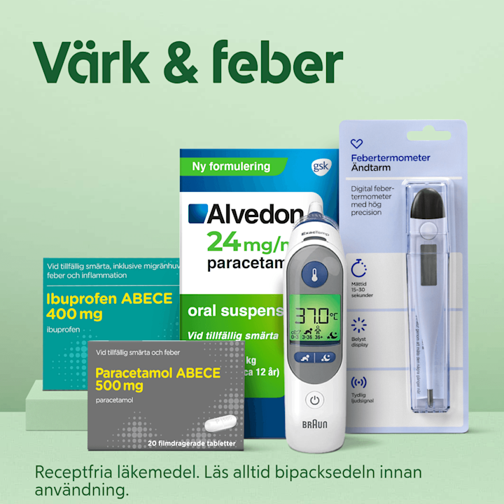 Omslag av Alvedon, Ibuprofen och Paracetamol för smärta och feber tillsammans med en digital pann- och öronttermometer som visar 37,0°C och ett paket rektal febertermometer i plastförpackning, placerade mot en ljusgrön bakgrund.