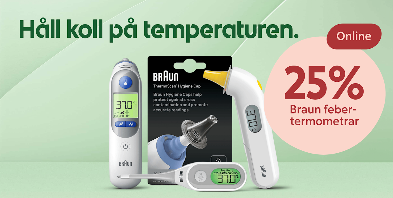 Flera febertermometrar från Braun och ett paket hygienmunstycken uppställda mot ljusgrön bakgrund, med texten "Håll koll på temperaturen" och en rosa cirkel med "25% Braun febertermometrar".