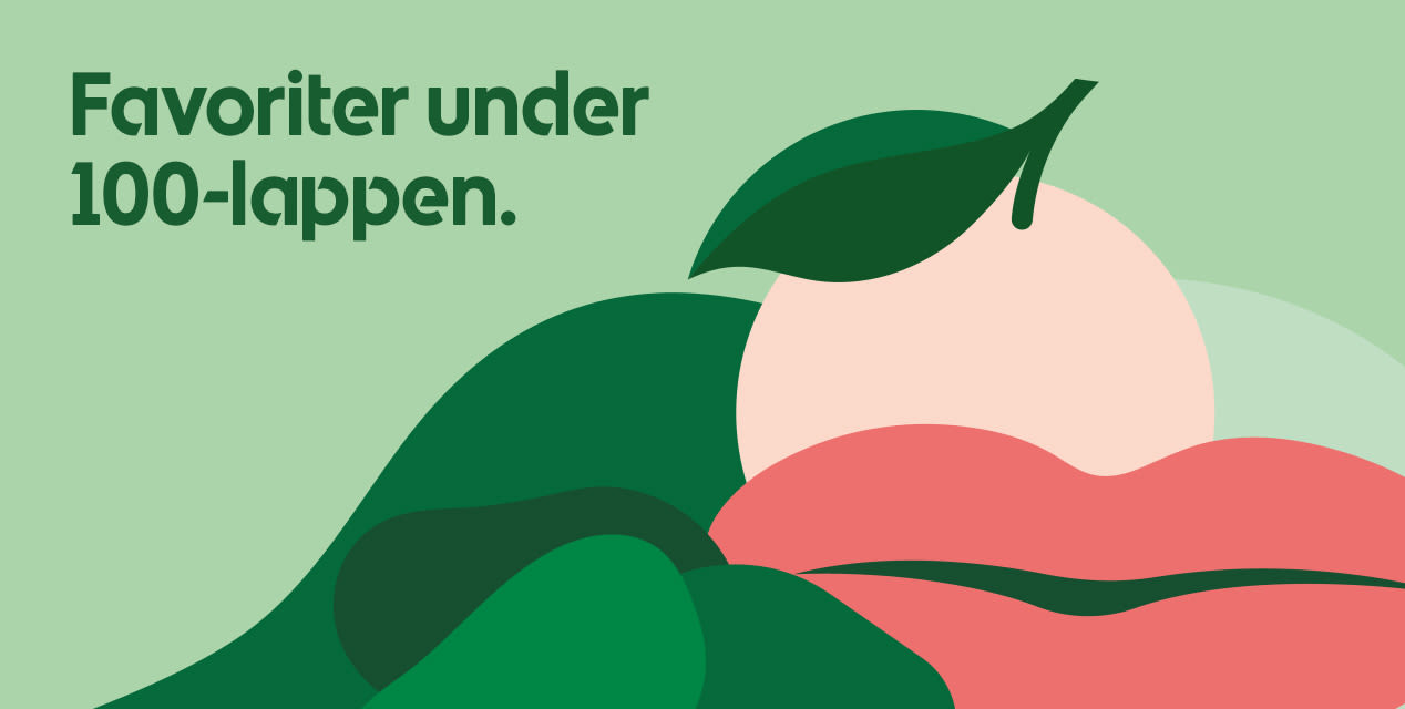 Illustration av stiliserade gröna blad och rosa persikaform som ligger bakom stora rosa läppar, med texten "Favoriter under 100-lappen." i övre vänster hörn.