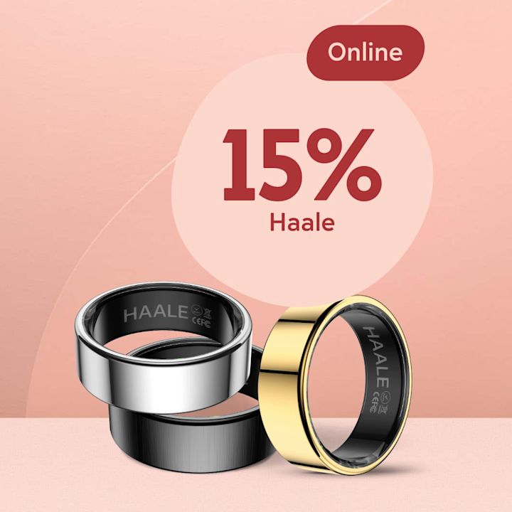 Tre Haale smarta ringar i silver, svart och guld framställda på ljusrosa bakgrund med en rund rosa skylt som visar texten "15% Haale" och en röd etikett med ordet "Online".