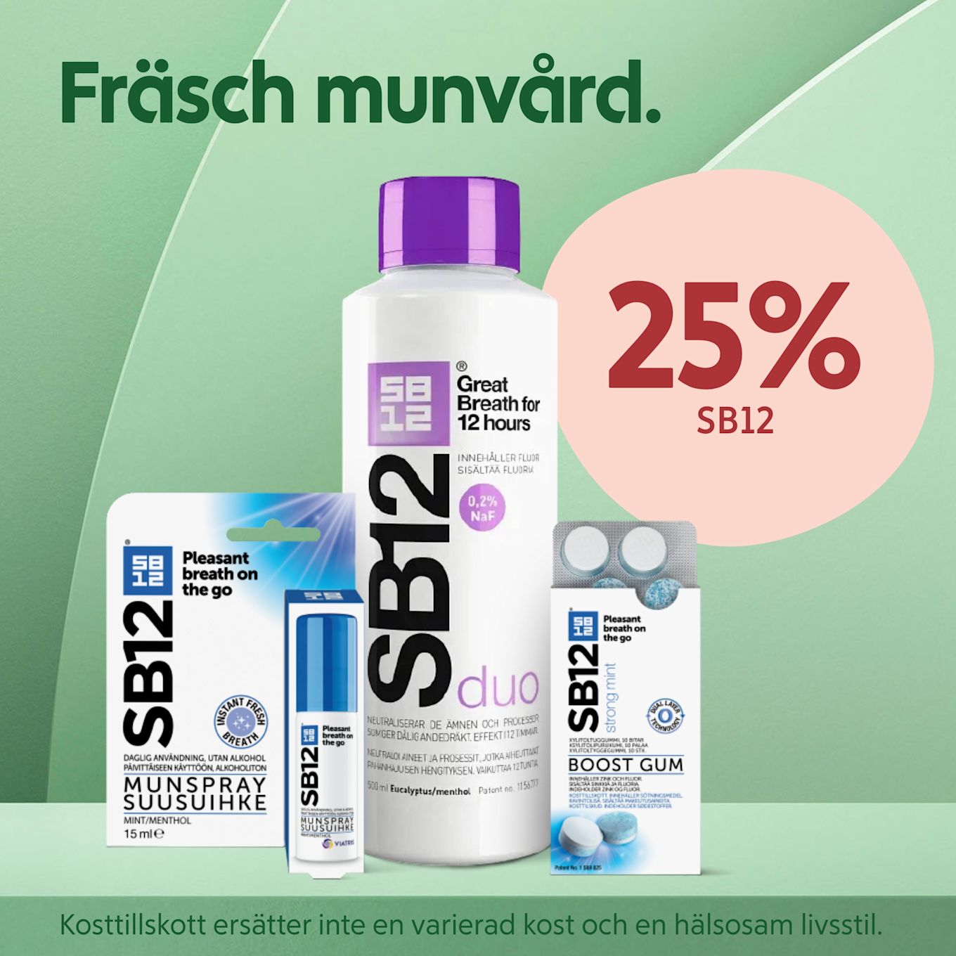 SB12 munvårdsprodukter inklusive munspray, munskölj och tuggummi visas mot grön bakgrund med texten Fräsch munvård och erbjudande 25% rabatt.