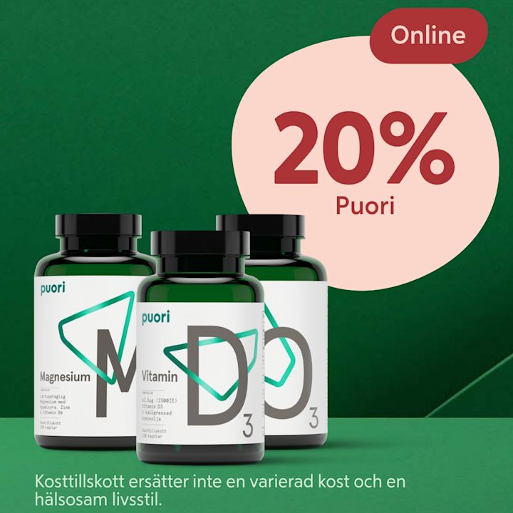Tre gröna kosttillskottsflaskor med etiketter för Magnesium och Vitamin D3 framför en grön bakgrund med text om 20% rabatt online.