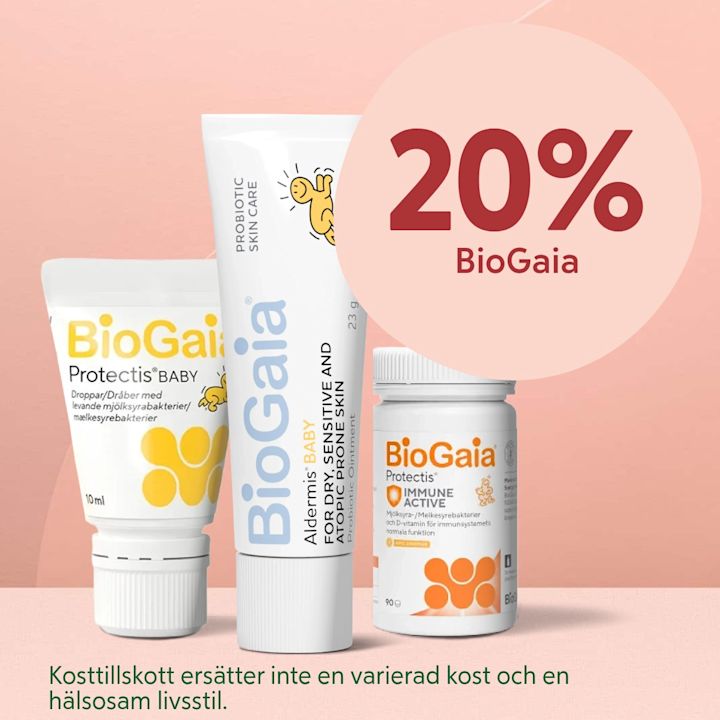 Tre BioGaia-produkter (Protectis Baby droppar, probiotisk hudkräm i tub och kapselburk) uppradade mot rosa bakgrund med en stor cirkeltext "20% BioGaia" och varningstext om kosttillskott nederst.