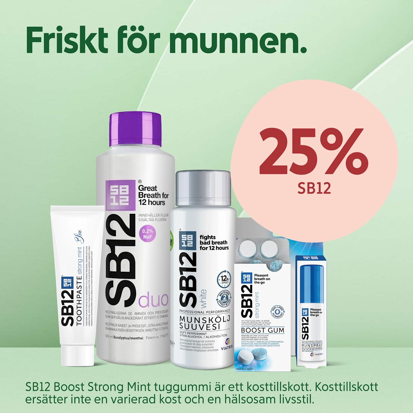 Flera SB12 munvårdsprodukter (tandkräm, munskölj, sugtabletter, tuggummin och munspray) uppställda framför en mintgrön bakgrund med texten "Friskt för munnen" till vänster och en rosa cirkel till höger med "25% SB12".