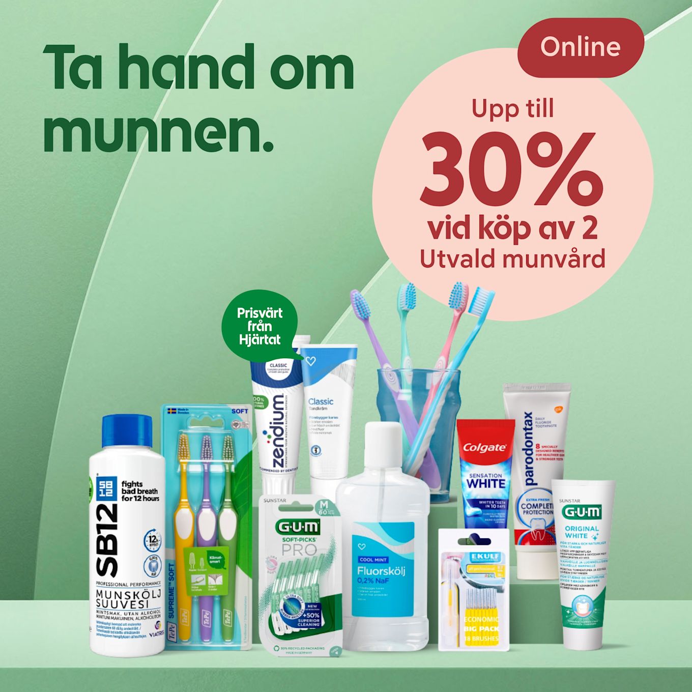 Olika munvårdsprodukter som munskölj, tandborstar, tandkräm och tandtråd visas mot en grön bakgrund med texten "Ta hand om munnen" och erbjudandet "Upp till 30% vid köp av 2 utvald munvård online".