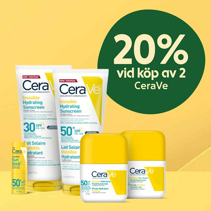 Fem gyllengula CeraVe-solskyddsprodukter (tuber, stick och pumpflaskor) framför gul bakgrund med grön cirkeltext "20% vid köp av 2 CeraVe".