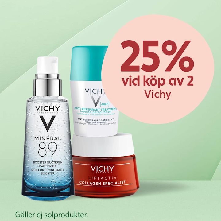 Tre hudvårdsprodukter från Vichy står i förgrunden mot ljusgrön bakgrund med rosa cirkeltext "25% vid köp av 2 Vichy".