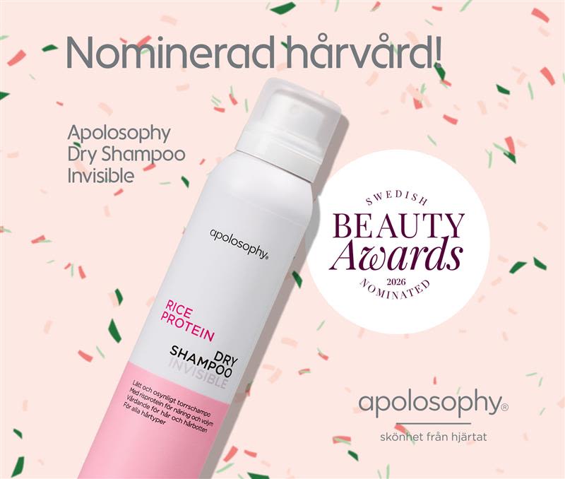 Apolosophy dry shampoo invisible-flaska med risprotein nominerad till Swedish Beauty Awards 2026 mot ljusrosa bakgrund med konfetti.