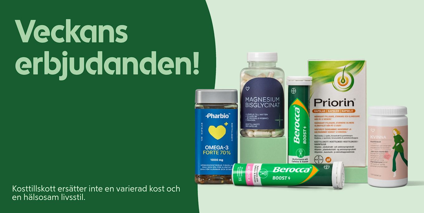 Ingång till veckans erbjudanden. I bild syns flera förpackningar med kosttillskott från olika varumärken och en rubrik som kommunicerar "Veckans erbjudanden!".