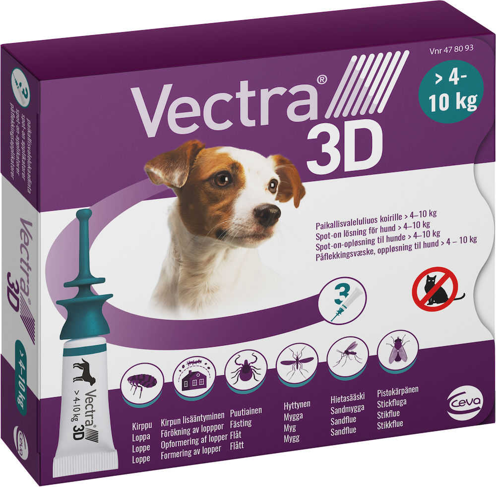 Vectra 3D för hund, 4-10 kg Spot-on, lösning Pipett, 3st (3x1,6ml)