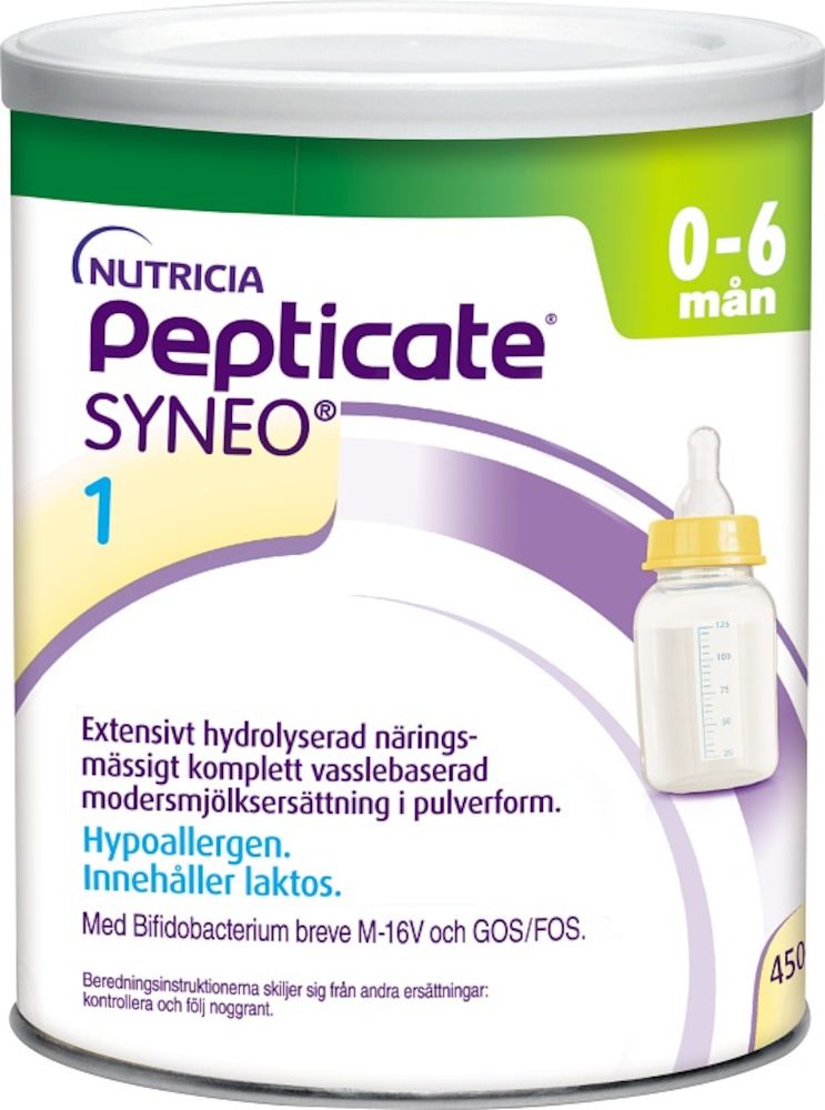 Pepticate Syneo 1 Extensivt hydrolyserad modersmjölksersättning för spädbarn 0+. Med innehåll av pre- & probiotika 450gram
